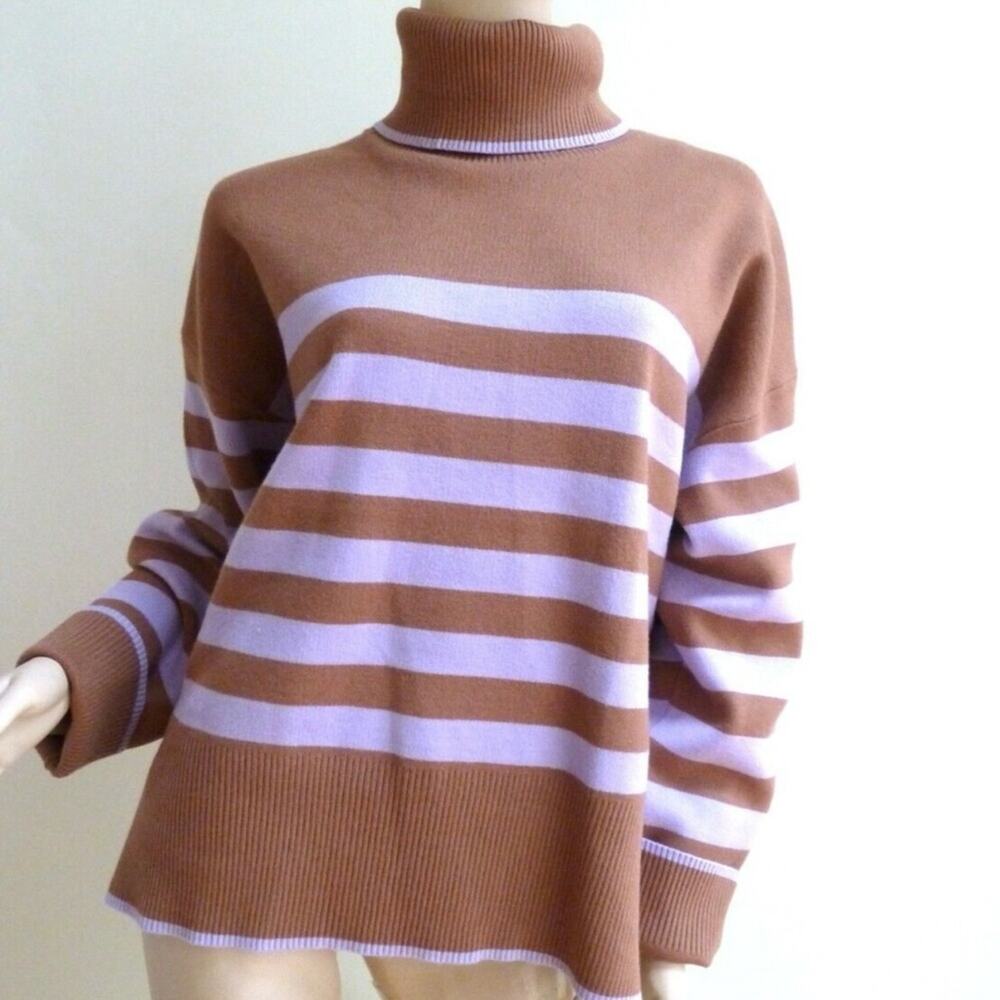 Like New Tahari Brown and Purple Horizontal Striped Turtleneck‎ Sweater Size M
